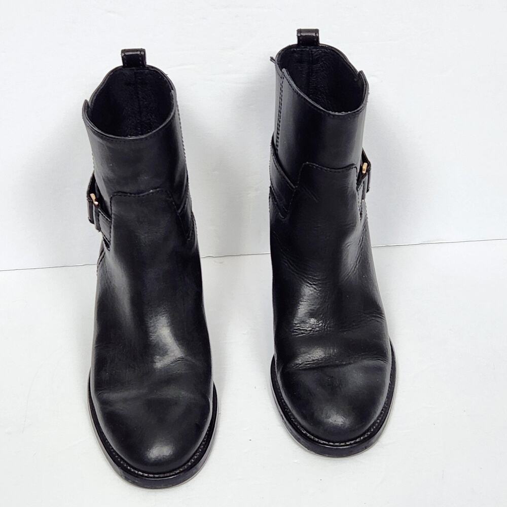 J CREW Black Leather Ankle Boots Womens Size 8 US Buckle Block Heel Booties
